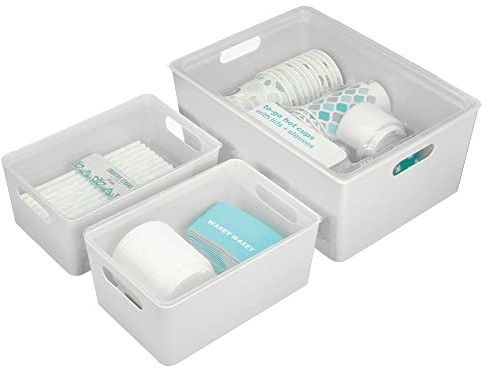 mDesign Plastic Stackable Home Storage Organizer Boxes with Lid Cover for Kitchen, Closet, Pantry, Bedroom, Bathroom, Hallway, Entryway to Hold Household Accessories, Set of 3 - Light Gray/Clear