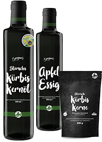 Steirisches Salat Geschenk-Set mit Kürbiskernöl 500ml, Apfelessig 500ml, Kürbiskerne 250g