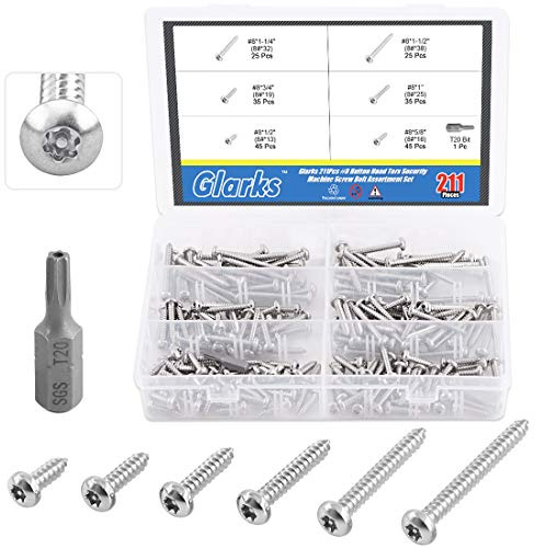 Glarks Assortiment de 211 vis de sécurité Torx en acier inoxydable avec embout T20 - 6 tailles