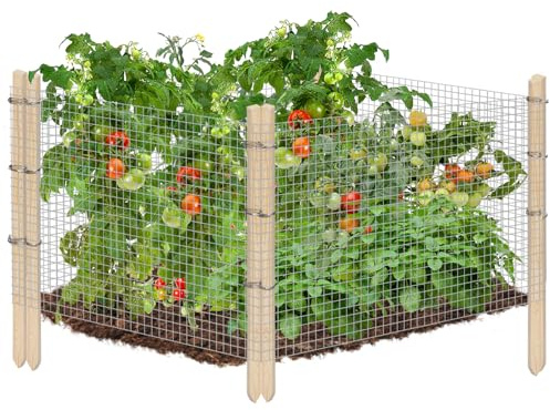 Ease to Install Garden Fence Animal Barrier Set - Included 15.8ft x 16in Rustproof Metal Wire Net, 8pcs Cedar Stakes, Gloves, for Raised Garden Bed Plant Protectors from Rabbit, Chickens, Puppies
