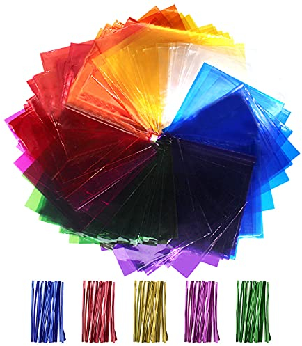 Cinvo Zellophanbögen, mehrfarbig, durchsichtig, bunte Blätter mit Bindebändern, Zellophanfolie für Bastelarbeiten, Leckereien, Süßigkeiten, Partyzubehör, 19,1 x 19,1 cm, 160 Stück