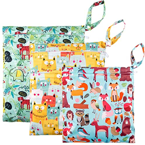 QUACOWW 3 Stück Windeltasche, Wetbag Kindergarten Wiederverwendbar Stoffwindeln Wasserdichter Beutel Hohe Kapazität Windeltasche Für Unterwegs (Tier)