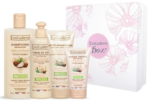 EVOLUDERM - Coffret cadeau Femme - Soins Cheveux au Beurre de Karité - 4 produits - Idée Cadeau - Coffret cadeau Noël-Coffret Anniversaire - Fête des Mères - Fabrication Française (Flower)