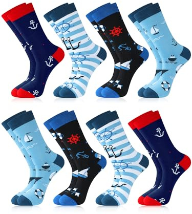 Berlune 8 Pairs Sailing Socks for Men Boat Nautical Cotton Crew Socks Cruise Navy Gift for Father's Day Birthday