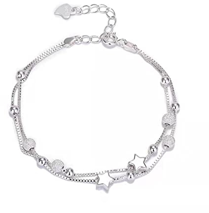 IUDWCG 2 in 1 Damen Armband Elegant Perlen Silber und Sterne Double Layered Armkettchen mit Sterling Silber Armband Armkette Schmuck Verstellbar Modeschmuck Armbänder Liebe Armbänder