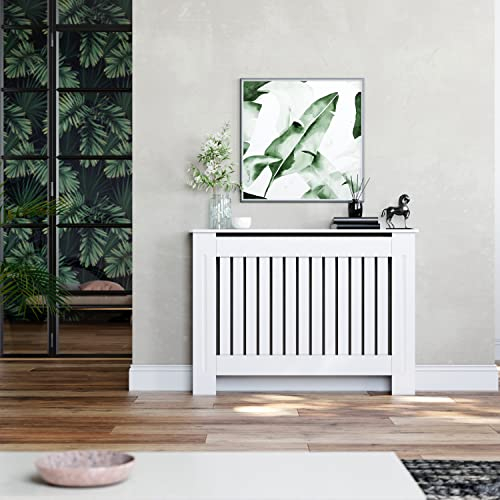 ELEGANT Radiator Cover White Engineered Wood MDF Living Room Cabinet Modern Vertical Slat Pattern Cabinet Radiator Shelve, Medium