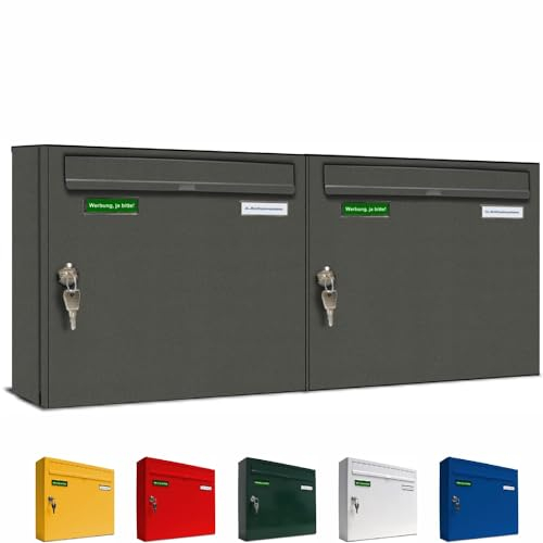 AL Briefkastensysteme Basic 2er Briefkasten DB 703 Eisenglimmer Grau 2 Fach DIN A4 wetterfest Briefkastenanlage mit Posthaltebügel und 2 Namensschildern