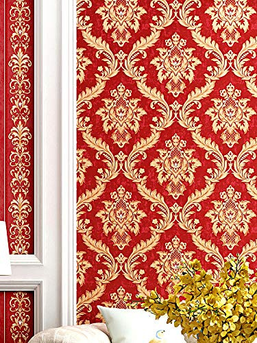 BaierSai 9.5X0.53m Luxury Gold Damask Red Waterproof Matte Embossed Textured PVC Wallpaper Murals Roll for Bedroom Livingroom 1.73' W x 31.2' L=5.035㎡ (54sq.ft)
