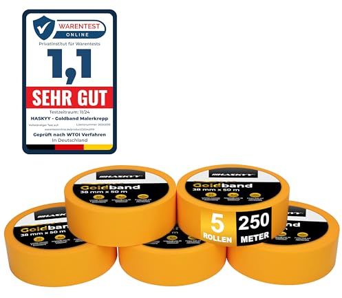 HASKYY Goldband Malerkrepp Kreppband 5x Malerband 38mm x 50m Profi Abdeckband Malertape Klebeband Washi Tape Gold Papiertape Selbstklebend