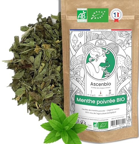 Ascenbio ✿ Menthe Poivrée BIO ✿ 180 g ✿ Menthe séchée pour Thé Vert, Thé Glacé, Tisane Digestion ✿ Préparé et conditionné en France ✿ Emballage biodégradable