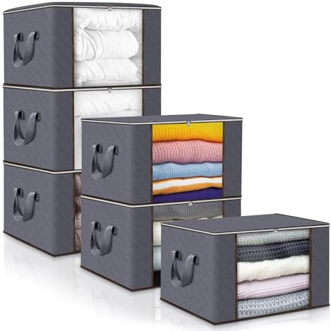 Collazoey 6 Stück Aufbewahrungstasche,90L Faltbare Aufbewahrung Boxen,Aufbewahrungsbehälter zum Organisieren von Schlafzimmer, Kleiderschrank, Kleidung, Steppdecken, mit Deckel und Griff, grau