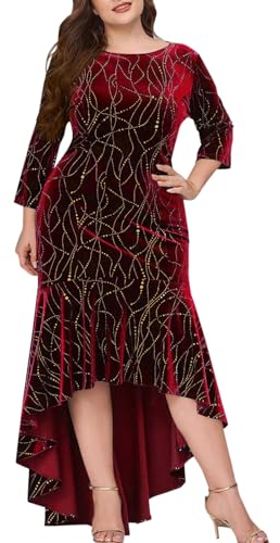 Damen-Kleider aus Samt in Übergröße mit Sieben Ärmeln und hohem, niedrigem Saum, extra lang Kleid Mit Glitzer Taille (Red, XXXXXL)