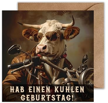 WBdesignz Lustige Geburtstagskarte „Hab einen kuhlen Geburtstag!“ – quadratisch – Kuh auf Motorrad – witzige Karte für Männer, Frauen & Freunde – cooler Humor inkl. Umschlag (125 x 125 mm)