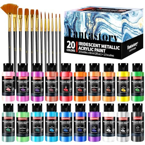 Fantastory Acrylfarben Set Metallic,60ml,20 Farben irideszent,12 Pinsel,wasserfeste,nicht verblassende,ungiftige Acrylfarbe,für Leinwand,Holz,Modelle; Künstler,Profis,Anfänger [Professionelle]