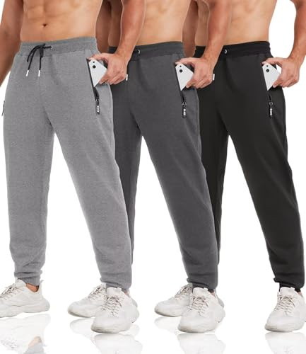 lomsoe 3 Pack Sweatpants for Men Tapered Mens Joggers Pants with Zip Pockets Fleece Slim Fit Workout Running Gym Sweat Pants(Black,Dark Gray,Light Gray,L)