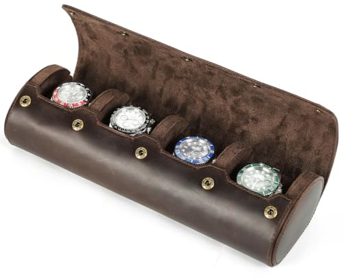CONTACTS Uhrenetui aus echtem Leder, für Reisen, Schmuck, Aufbewahrungsbox für 4 Uhren mit abnehmbarem Kissen, zylindrischer Uhrenschutz, weiche Tasche, Vintage