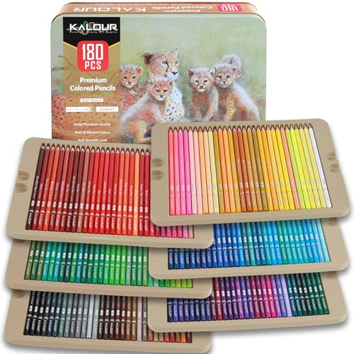 KALOUR PDAS Juego de 180 lápices de colores para adultos y artistas, núcleo suave de pigmento rico, 15 lápices metálicos, 6 lápices neón, ideal para colorear, dibujar, bosquejar, sombrear, mezclar
