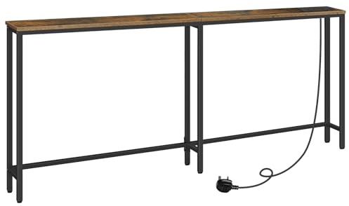 HOOBRO Slim Console Table with Charging Station, 180 cm Long Hallway Table with USB Ports, Behind Sofa Table Narrow for Hallway, Entryway, Foyer, Living Room, Rustic Brown and Black EBF185KXG01