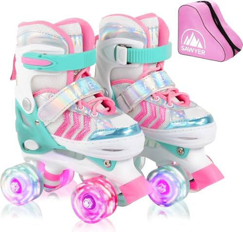 Sawyer Bikes - Patines Ajustables 4 Ruedas LED - Tallas 23 a 38 (Rosa, S (27-30))