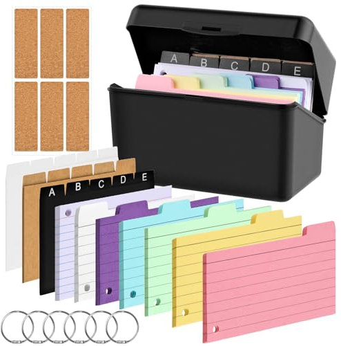 MINISOISO Karteikarten Box, Karteikasten Schwarz, Lernkarteibox inkl. 230 Karteikarten Bunt Liniert 15 Register 6 Ringen 6 Aufkleber, Karteikartenbox für Unterwegs Lernen Notizen Büro Zuhause