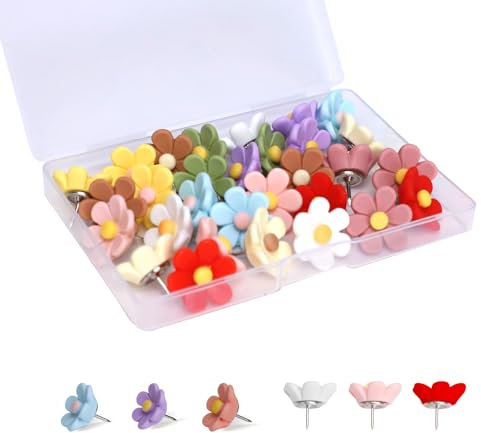Blumige Pinnadeln 30er Box, 10farbiges Blumenmuster, ideal als Reißzwecken, präzise Reißnägel, vielseitige Reisszwecken für Pinnwand, Korktafel, Fotowand, Büro (Zehn Farben)