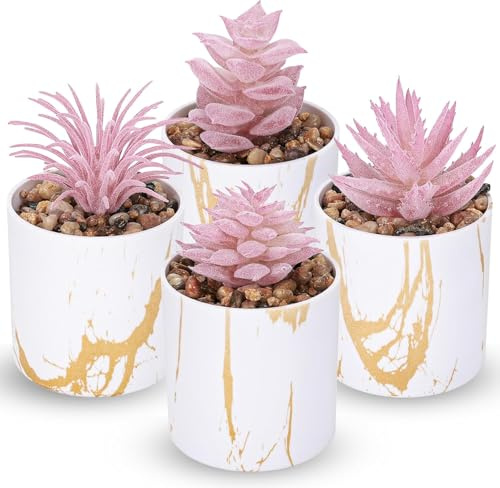 BTSD-home 4 Pack Fake Plants, Pink Succulents in Pots for Bathroom