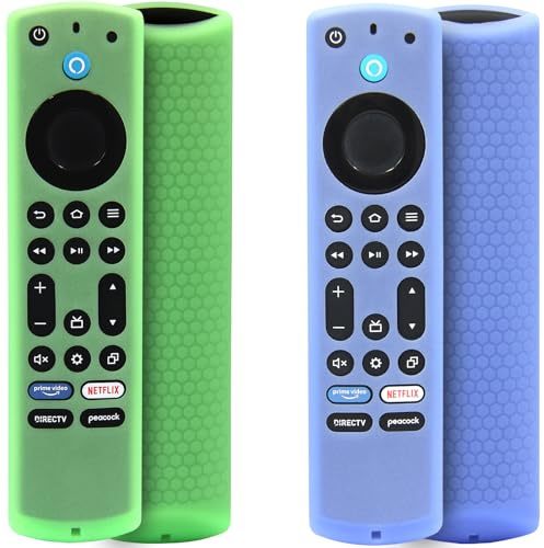 Pinowu Lot de 2 coques en silicone pour télécommande vocale Alexa série Fire TV Stick 4K Max (2ème)/Insignia/Pioneer/Omni (QLED) avec cordon (vert, bleu ciel, brillant)