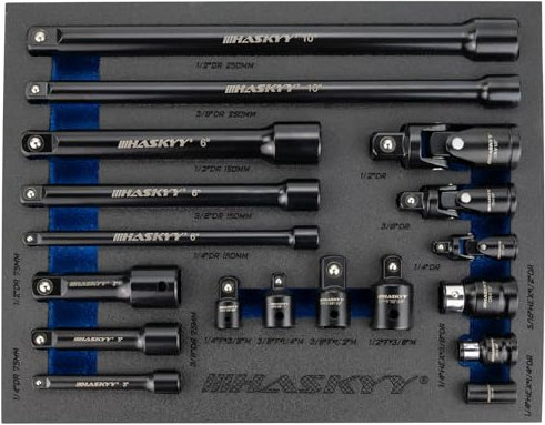 HASKYY Jeu de 18 rallonges de clé à douille 1/4, 3/8, 1/2, cliquet, adaptateur, joint de cardan, porte-embout, pièces de raccordement pour voiture et industrie, noir