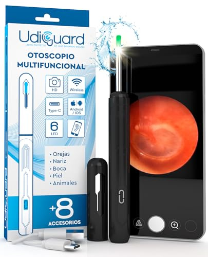 Otoscopio Pulizia Orecchie Rimozione Cerume con Telecamera 1920p WiFi 3,6mm - UdiGuard Pulitore Orecchie Digitale Compatibile con iPhone iPad Android Nero - 6 Luci LED Adulti Bambini Animali