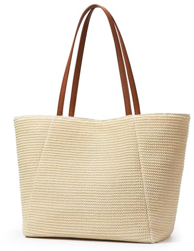 KALIDI - Borsa grande in paglia, borsa da spiaggia con cerniera, in plastica riciclata marina, design simile alla paglia, borsa a secchiello per le vacanze estive e l'uso quotidiano, Large