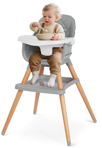 Kinder King 7 in 1 Baby High Chair for Babies and Toddlers with Large Storage Footrest, Booster Seat, Convertible Wooden High Chair with 3-Depth Double Dishwasher Safe Tray, 5 Point Harness, Gray