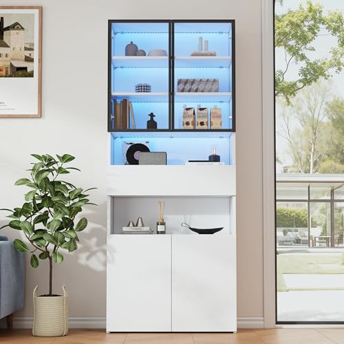 Lcoho Vitrina de 70 x 30 x 200 cm, con cajones y armarios, vitrina de cristal con puertas de cristal y LED, armario alto con plataforma de almacenamiento abierta, estantería, vitrina de pie, color
