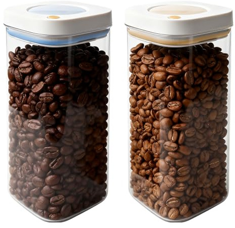 Lot de 2 boîtes à café hermétiques, 1800 ml, sous vide, en PET transparent, idéales pour conserver le café en grains, les noix, le thé, les fruits secs et; résistantes à l’humidité et à l’oxydation.