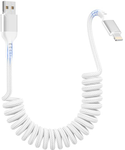 Zestiq Cavo iPhone Spirale USB A a Lightning 2M, Cavo Apple Carplay Retrattile per Auto, Cavo da USB A a Lightning Ricarica Corto per iPhone 14, 13, 12, 11 Pro Max, XR, XS, X, 8 Plus, SE - Bianco