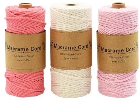 Hyacinthy Lot de 3 Rouleaux de Fil macramé - 3 mm x 100 m - pour débutants, travaux manuels, Tissage, décoration, suspensions de Plantes, tentures murales, Tricot Beige (1.Beige+Rose Clair+Rose)