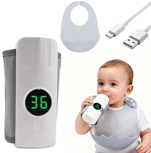 Tragbarer Flaschenwärmer Baby mit Lätzchen, Kabelloser Babyflaschenwärmer mit 6 Temperaturstufen, LED Display Nachtlicht für Muttermilch unterwegs Auto Zuhause Outdoor