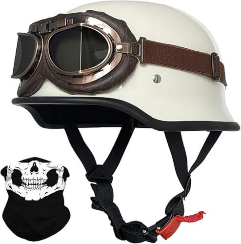 Vintage Tedesco Mezzo Casco Moto Con Occhiali, Casco A Faccia Aperta Retrò Omologato DOT/ECE, Casco Moto Jet Casco Scooter, Casco A Scodella Per Donna E Uomo Adulto 5,L=59-60CM