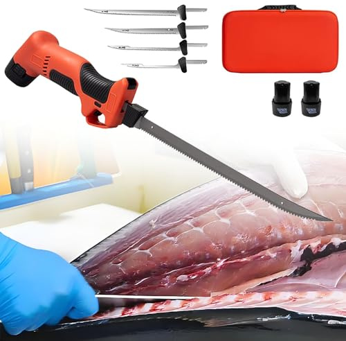 Cuchillo eléctrico inalámbrico for filetear con 4 hojas antiadherentes recubiertas y 2 baterías de iones de litio/bloqueo de seguridad, cuchillo eléctrico recargable for pesca al aire libre.