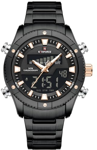 NAVIFORCE Orologio da uomo analogico digitale a LED, con data, settimana, sportivo, in acciaio