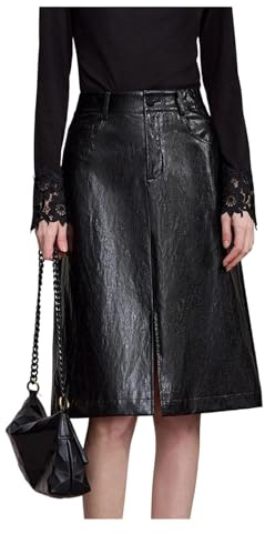 Women American Retro Knee-Length Skirt Solid Basics Business Pu Leather Skirt Black L
