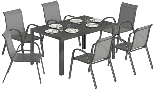 Outsunny Gartenmöbel Set Sitzgruppe 7-teilig Tisch mit 6 Atmungsaktiven Stapelstühlen Lamelldesign, wetterfest Essgruppe Gartenset Gartengarnitur für Garten Balkon Terrasse Hellgrau