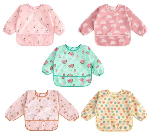Kenvic 5 Pcs Baby Bibs with Sleeves, Waterproof Sleeved Weaning Bibs for Mealtime, Long Sleeve Toddler Apron for Play Craft Activities, Soft Baby Toddler Bib Coverall for Little Ones 6-36 Months