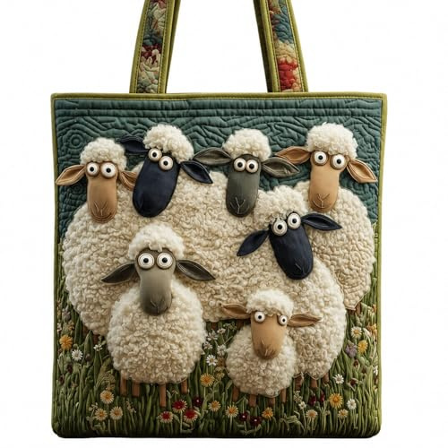 Tragetasche Schaf, Lustige Stofftasche für Tierliebhaber, Große Einkaufstasche Damen, Handgefertigt Tote Bag Handtaschen mit Gepolstertem Griff, Shopping Bag für Frauen Geschenk(Grün)