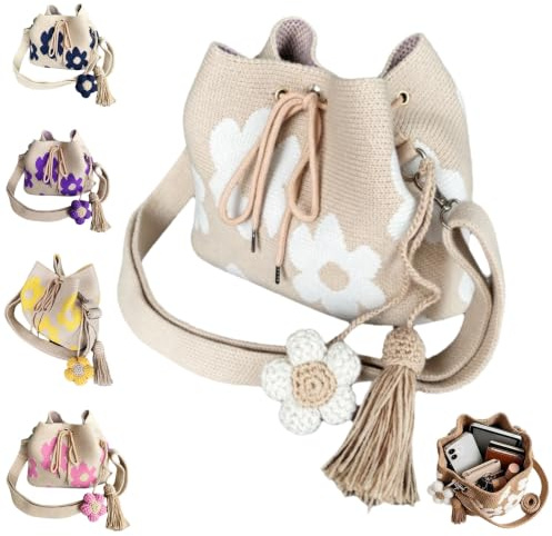 QWYDVB Borsa Tote a Fiori Fatta a Mano all'Uncinetto, Borsa da Spiaggia Intrecciata Boho, Borsetta a Tracolla da Donna con Nappa Floreale