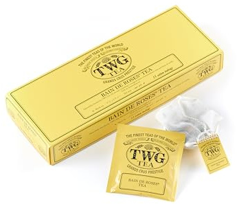 TWG Tea | Bain de Roses Tea | Té Negro | Capullos de Rosa y Pétalos de Rosa | 15 Bolsitas de Té de Algodón Cosidas a Mano | Caja de Regalo Originales