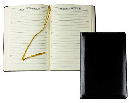 DELMON VARONE - 5 Jahres Kalender immerwährend gebunden Anilin Leder schwarz - Organizer Terminplaner (1 Tag 1 Seite) - Buchkalender Tagebuch mit Tagesübersicht - Notizbuch Kalenderbuch für 5 Jahre
