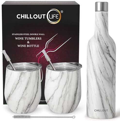 CHILLOUT LIFE Stainless Steel Wine Tumblers 2 Pack 12 oz & 1 Insulated Wine Bottle - Double Wall Vacuum Insulated Wine Cups with Lids and Straws Set - Carrara Marble
