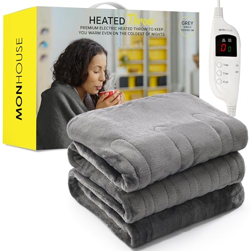 MONHOUSE Heated Throw - Electric Blanket - Digital Controller - Timer up to 9 hours, 9 Heat Settings, Auto Shutoff - Machine Washable - Single 130X160cm - GREY