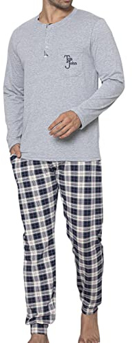 LOREZA ® Herrpyjamas set lång tvådelad pyjamas bomull långärmad rutig husdräkt M-5XL, M-93907-grå, 3XL