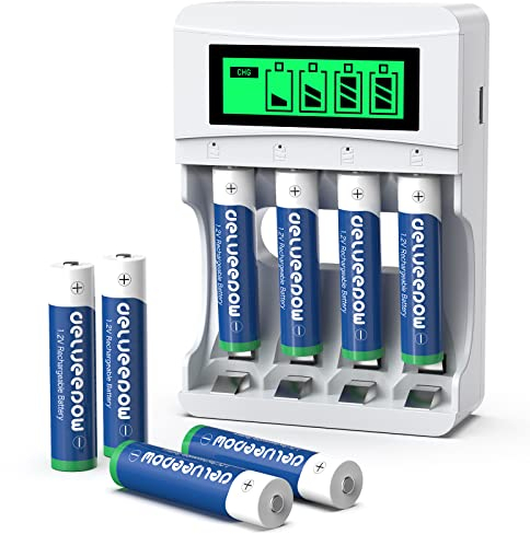 Delyeepow 8 Piles Rechargeables AAA 1100mAh avec Chargeur de Piles AA et AAA 4 Slots, Haute Capacité 1.2V Batterie Rechargeable Chargeur avec Indicateur LCD Intelligent